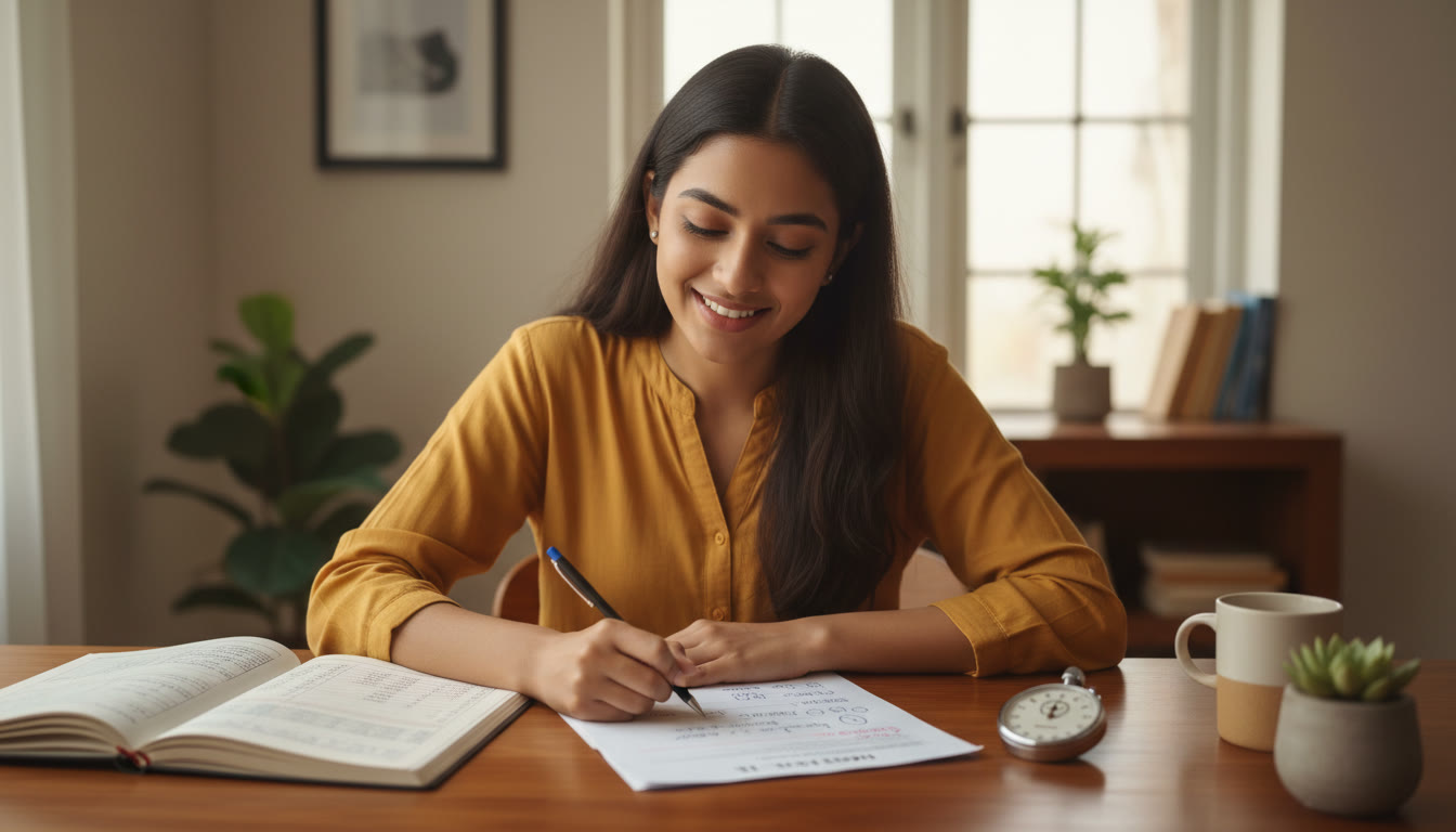 Photo Idea : A focused student at a desk with a mock test paper, a stopwatch, and an open notebook showing error logs