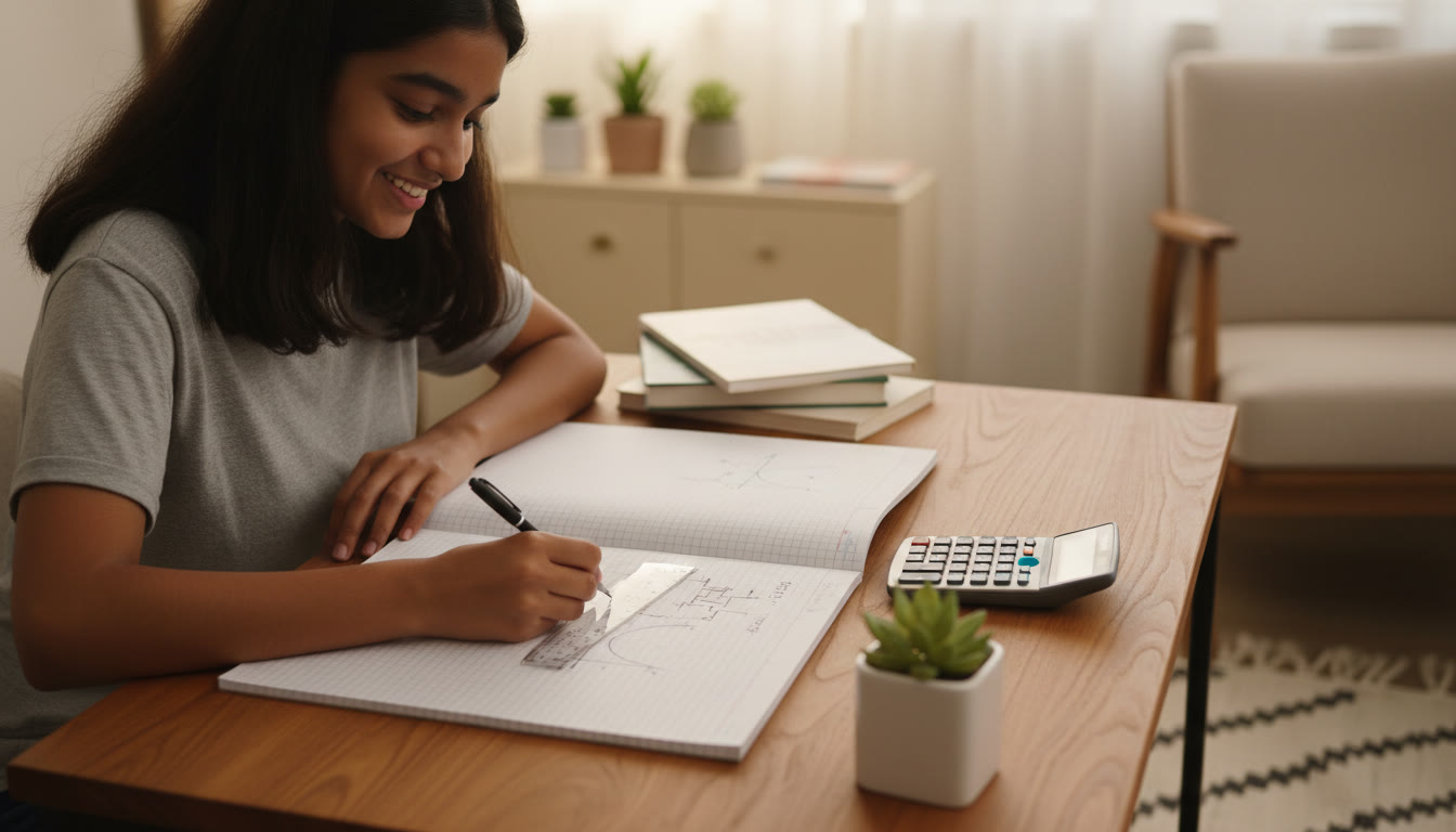 Photo Idea : Close-up of a student practicing circuit and graph diagrams with ruler and scientific calculator nearby