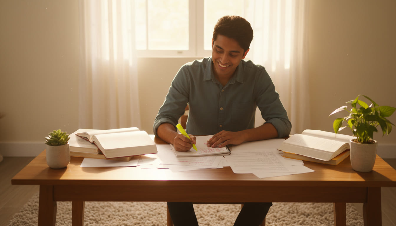 Photo Idea : Student at a desk reviewing a marked test paper with a highlighter and notes
