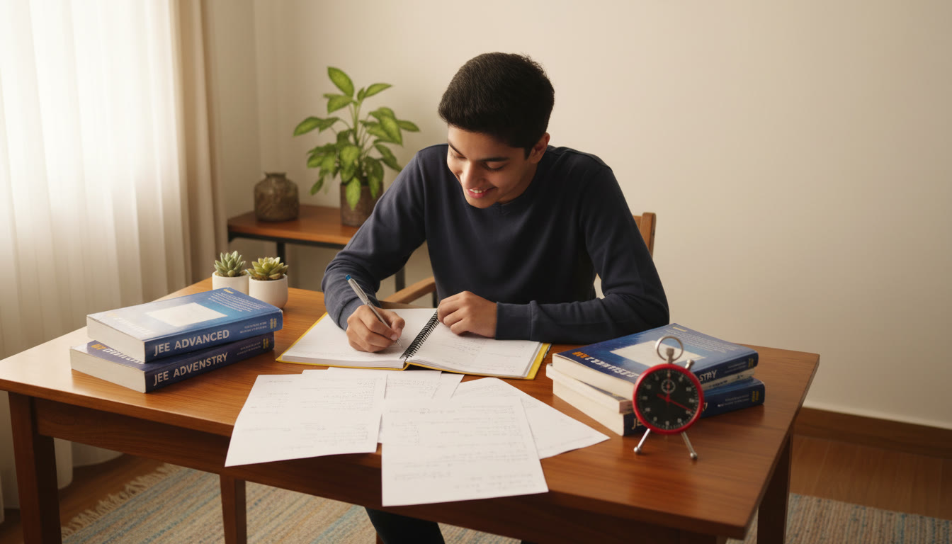 Photo Idea : A focused Class 11 student at a tidy desk, books and notes spread, solving problems with a stopwatch nearby