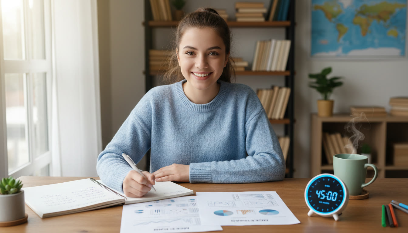 Photo Idea : Student at a desk with a printed mock paper, timer, and a notebook for notes
