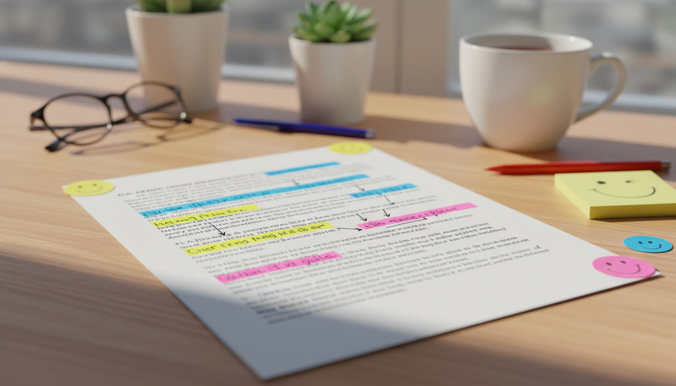 Photo Idea : Close-up of a printed IA draft with highlighted sentences showing edits from long to concise phrases.