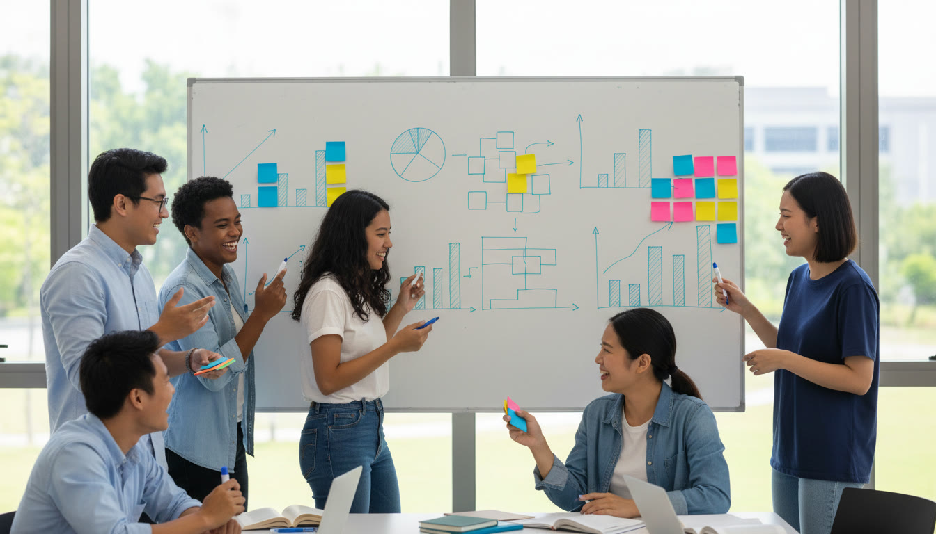 Photo Idea : A diverse group of IB students collaborating around a whiteboard with charts and sticky notes