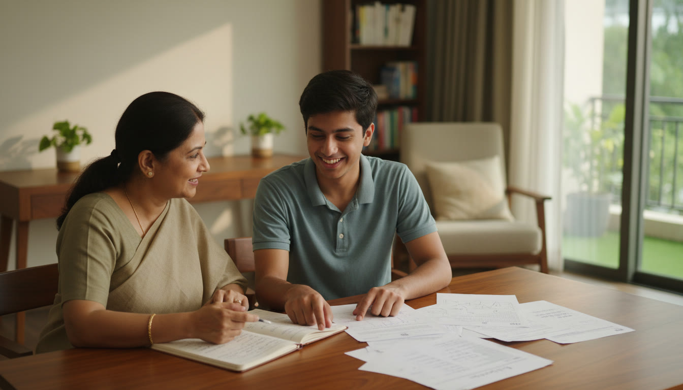 Photo Idea : A student reviewing a mock test with a mentor, pointing at a marked error log