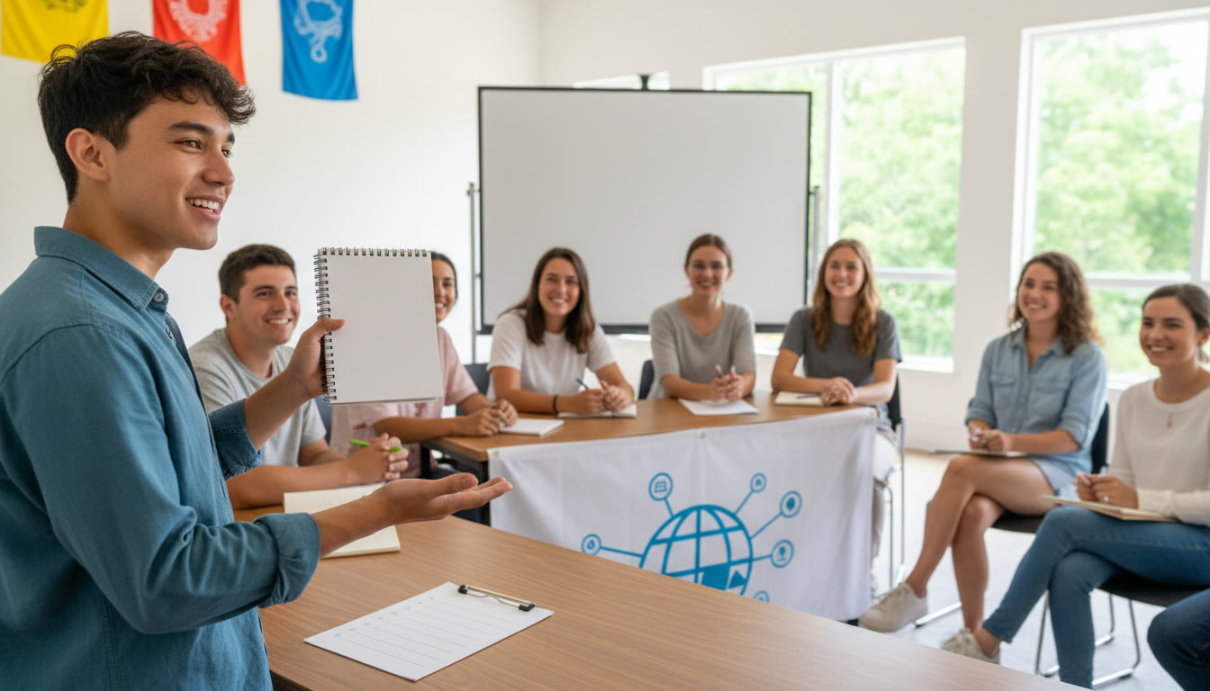 Photo Idea : Student presenting a community workshop with a notebook, sign-in sheet, and attentive participants