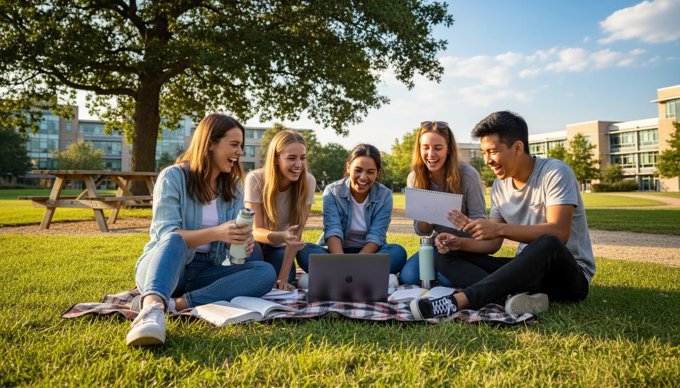 Photo Idea : A small group of students planning a CAS project outdoors with notebooks and a laptop