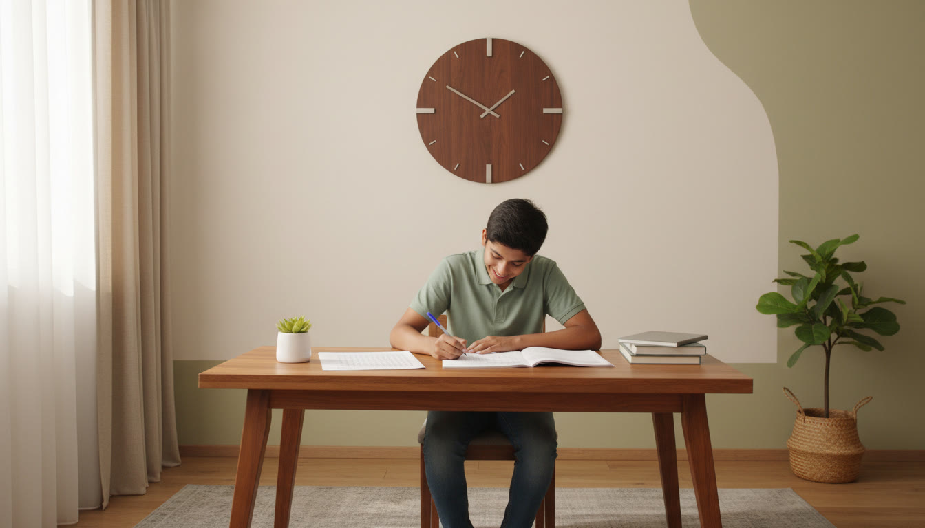 Photo Idea : A student sitting in an exam hall simulator environment filling an OMR sheet against a wall clock