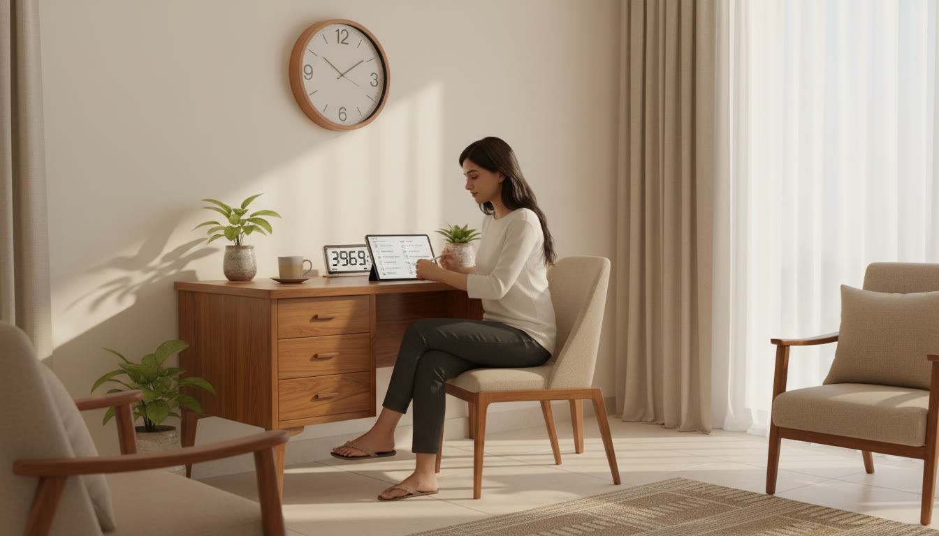 Photo Idea : A student taking a timed full-length mock exam in a quiet room with a wall clock visible
