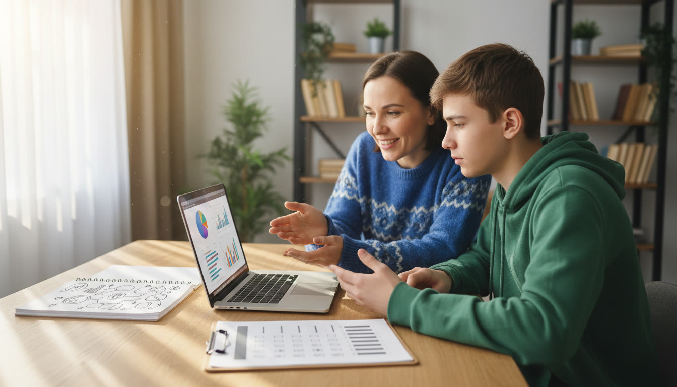 Photo Idea : A tutor and student working over a laptop with visible notes and a progress checklist