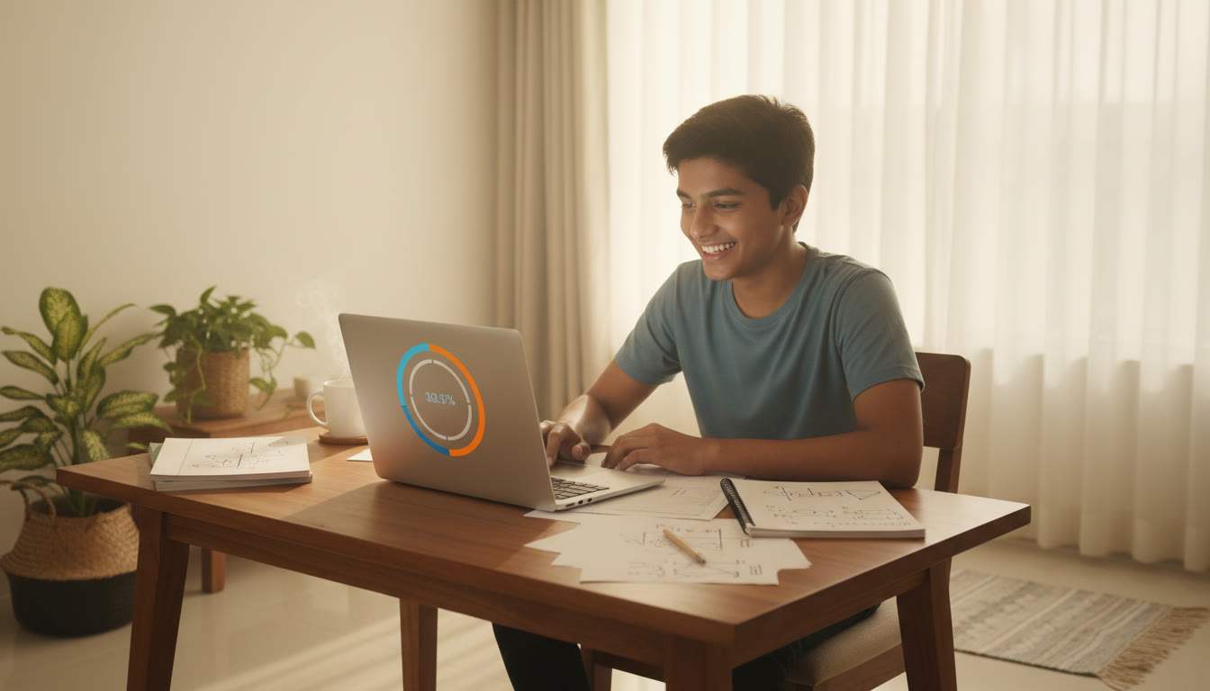 Photo Idea : student at a study table practicing a timed full-length mock on a laptop with a visible countdown timer and handwritten notes beside them