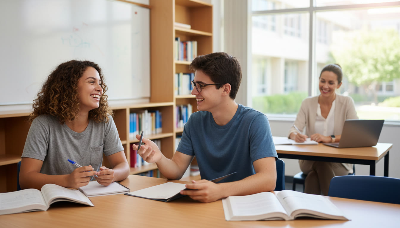 Photo Idea : two students conducting a mock interview in a quiet classroom while a teacher takes notes