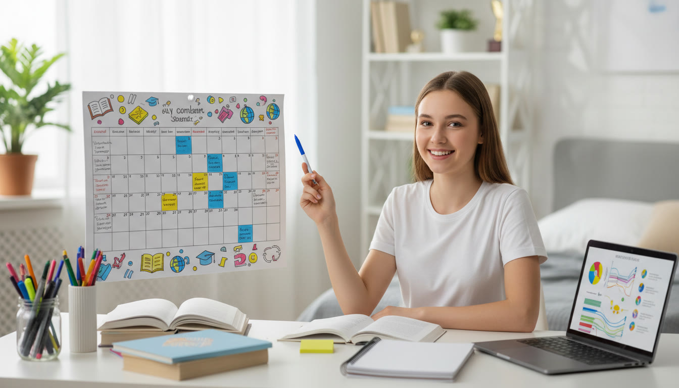 Photo Idea : Student at a tidy desk planning a 2-year IB roadmap with a calendar, colored pens and textbooks