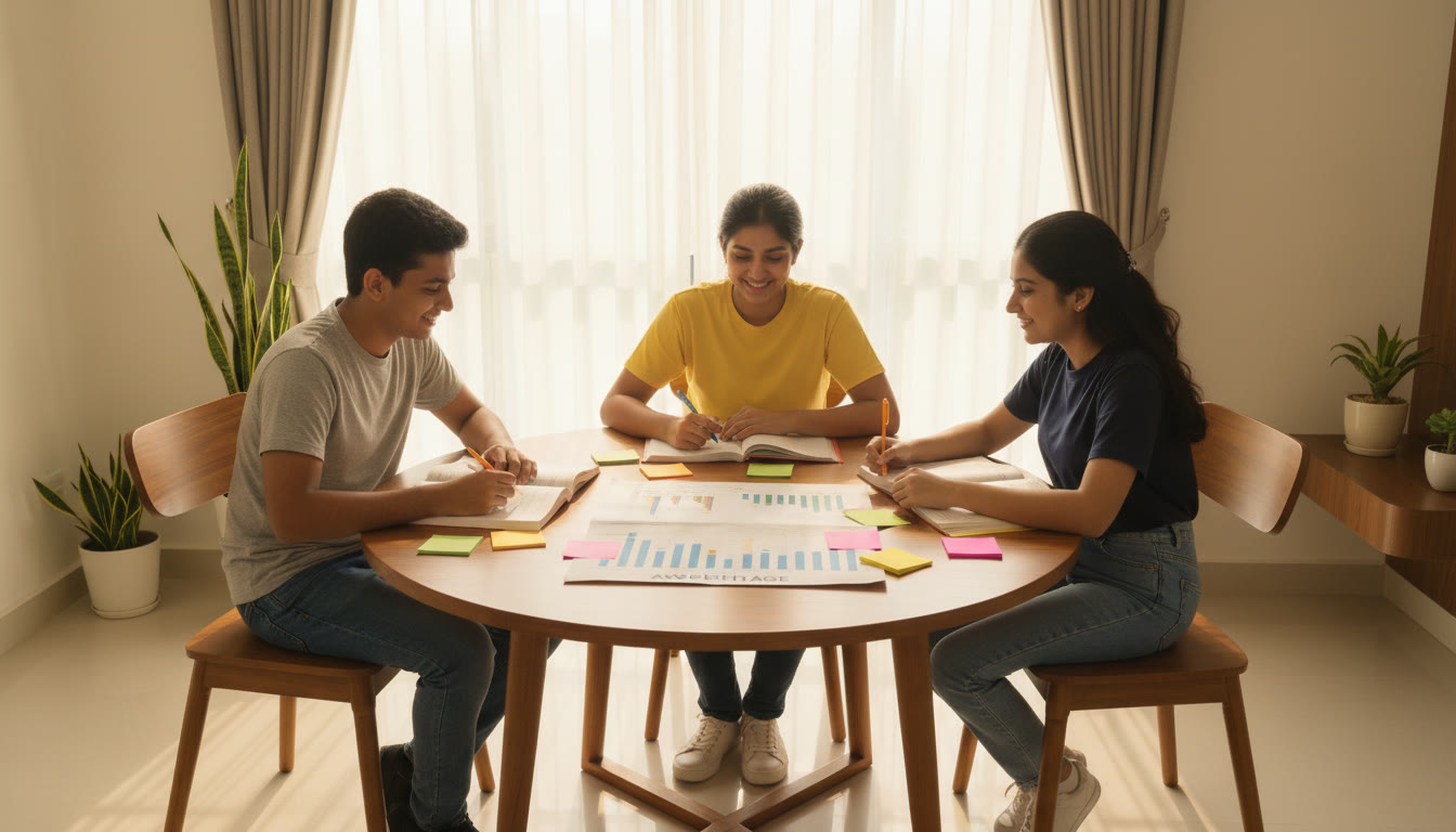 Photo Idea : A small group of students studying around a table with a printed chart showing chapter-wise weightage and colourful sticky notes