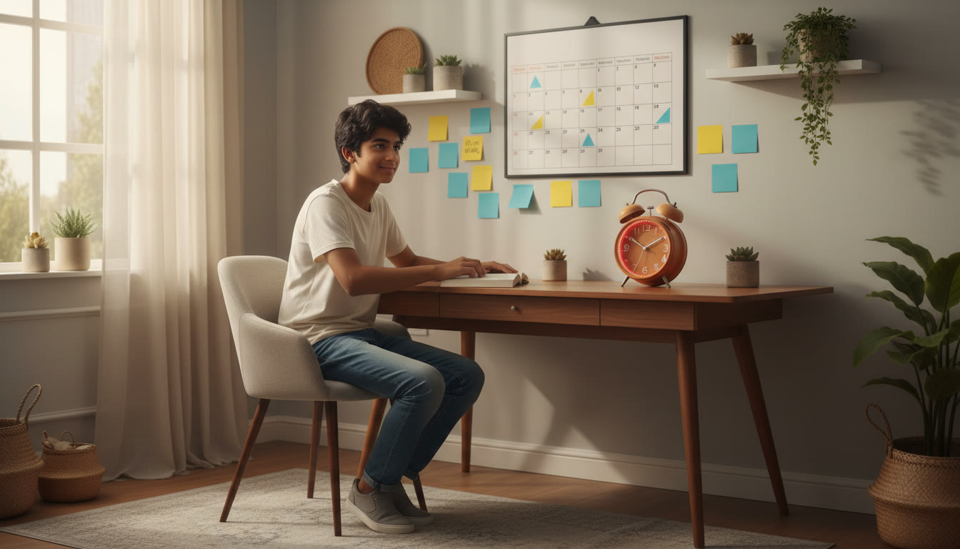 Photo Idea : A focused student at a desk with a large calendar, sticky notes, and a visible alarm clock signaling urgency