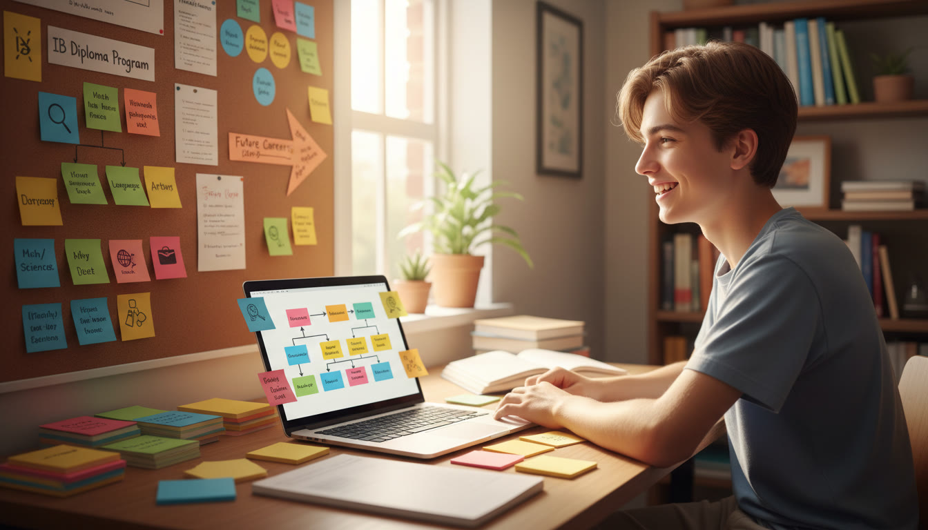 Photo Idea : A DP1 student at a desk with color-coded notes, a laptop, and sticky notes mapping career pathways