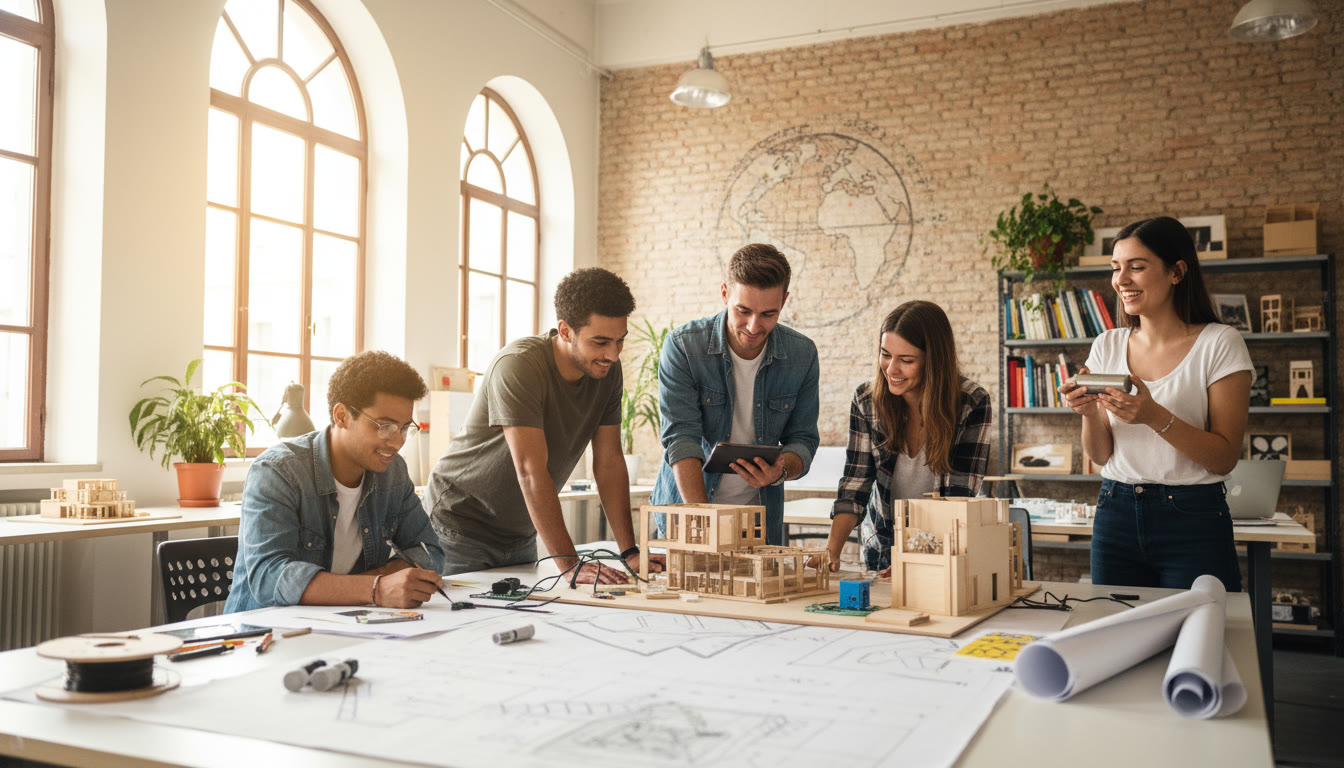 Photo Idea : [Politecnico di Milano students collaborating on a design prototype in a bright studio]