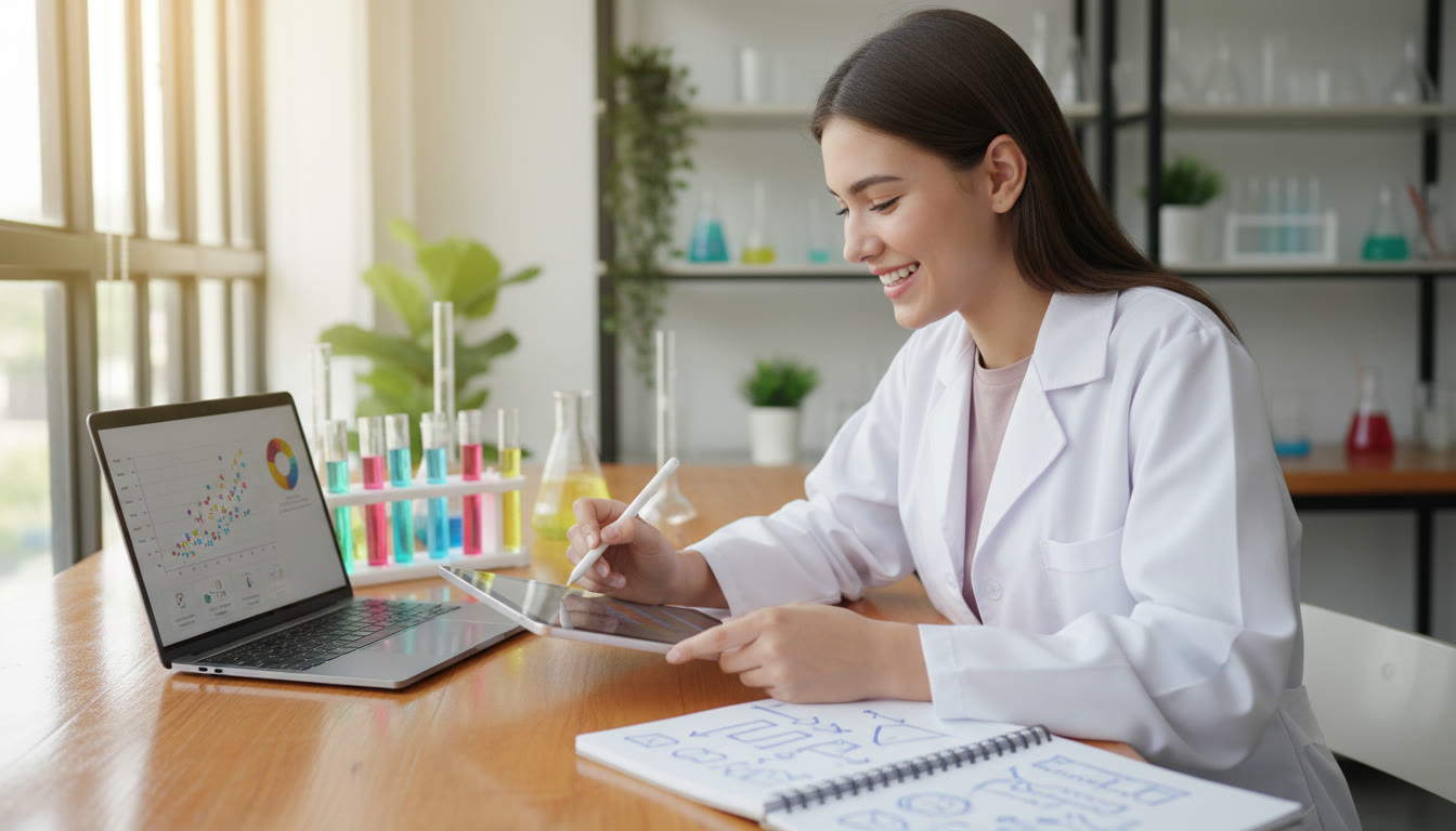 Photo Idea : Student in a lab coat sketching data beside a laptop and notebook
