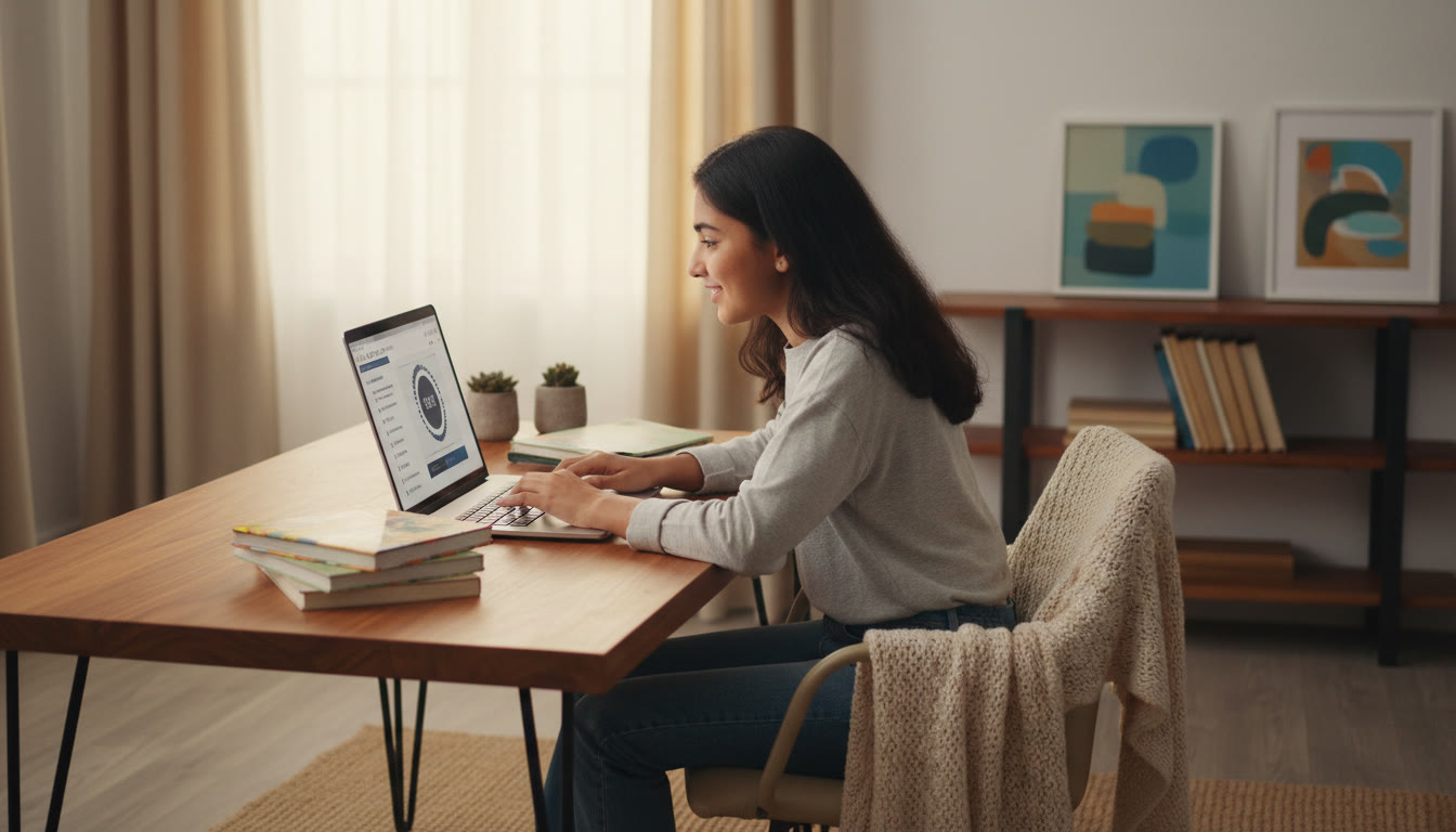 Photo Idea : Student concentrating on a timed full-length mock test on a laptop, digital timer visible