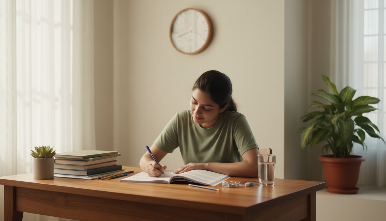 Photo Idea : Student writing a full-length mock test at a desk with a wall clock in view