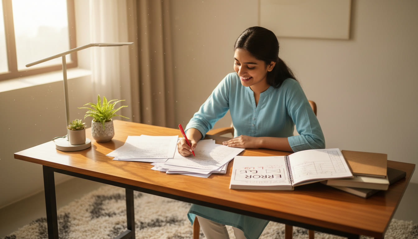 Photo Idea : Student at a desk marking errors in a mock test paper while keeping an 