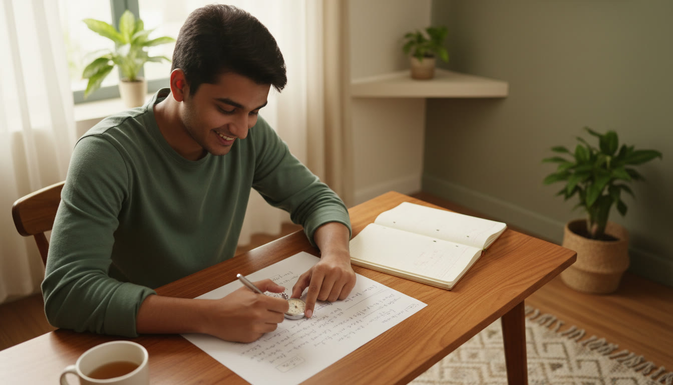 Photo Idea : A student timing themselves with a stopwatch while solving a problem on paper, with a mock answer script beside them
