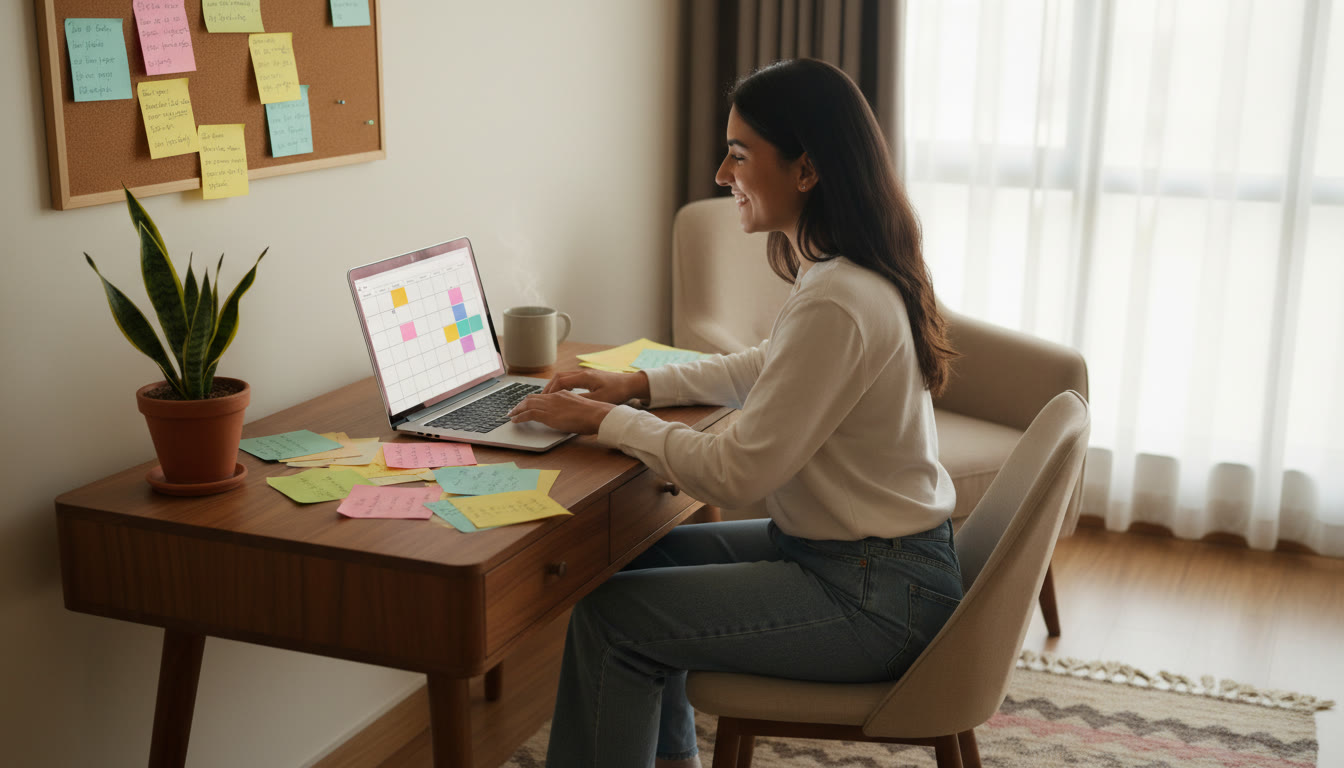 Photo Idea : Student at a tidy study desk with colorful notes, a plant, and a laptop showing a study schedule