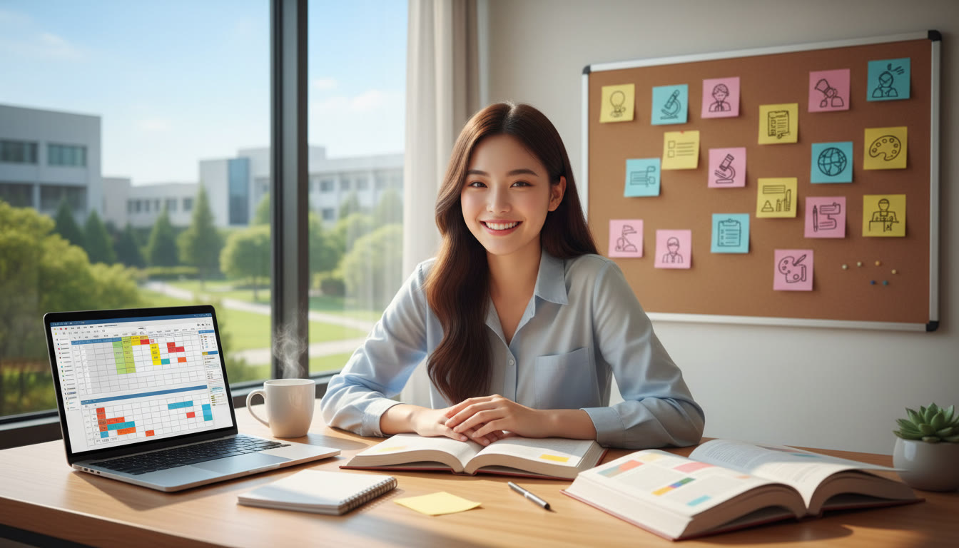 Photo Idea : A student at a desk with IB textbooks and sticky notes labeled with career ideas, laptop open to a planning spreadsheet
