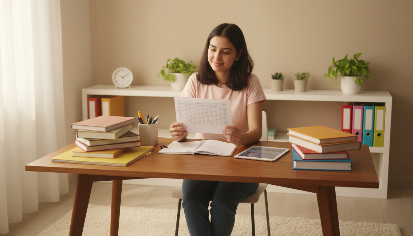 Photo Idea : A student seated at a desk, holding a scorecard with a calm expression, surrounded by neatly arranged notes and a clock showing time for planning