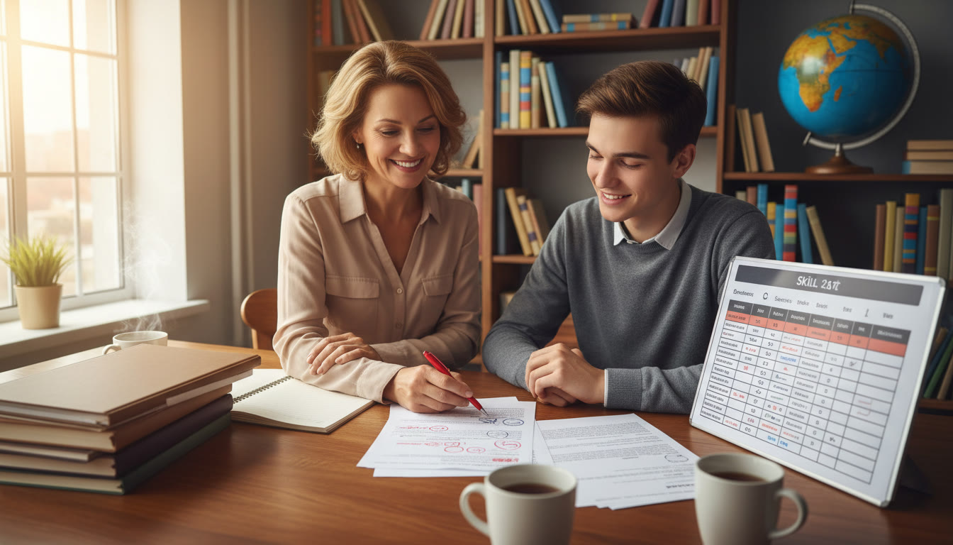 Photo Idea : A tutor and student reviewing a marked paper together, with a skill checklist visible