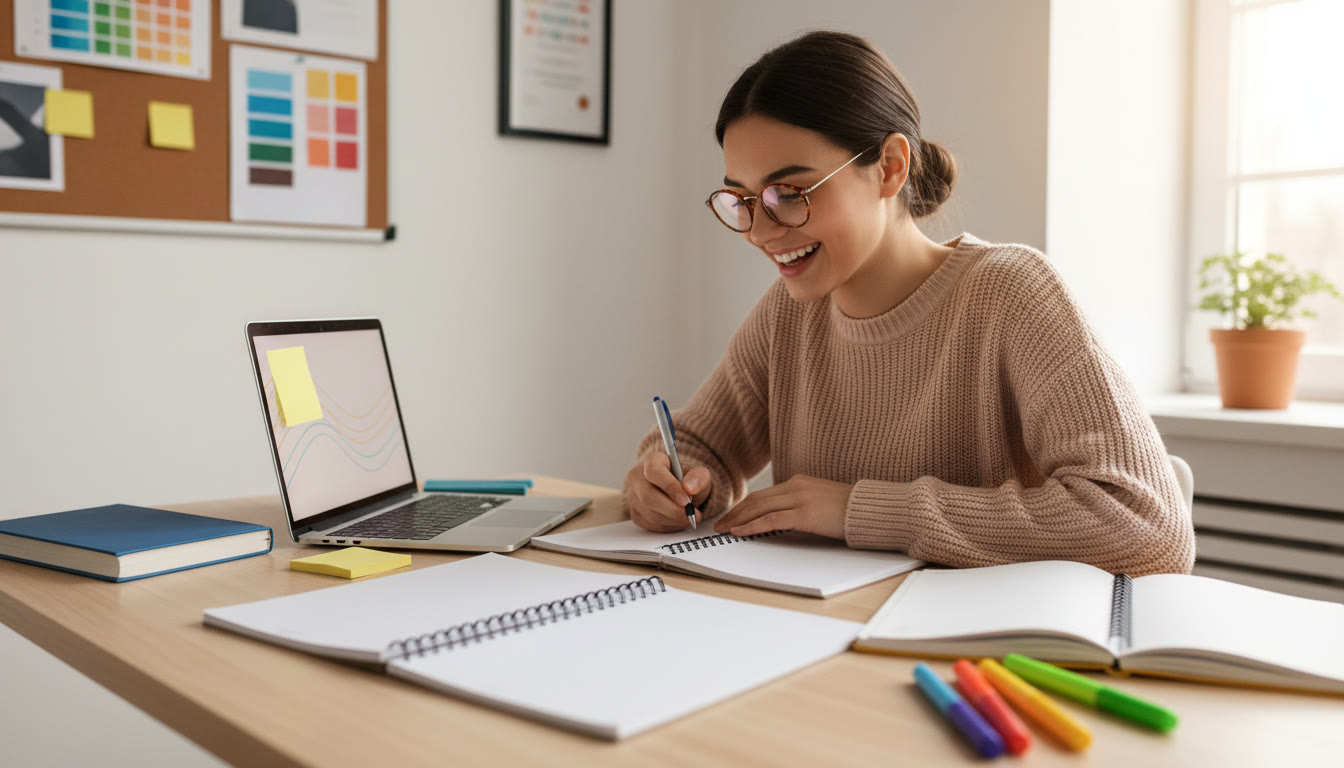 Photo Idea : A focused student at a tidy desk surrounded by notebooks labeled "Math", "Biology", "Economics" with a laptop open to a notes app and a sticky note reading "Explore"