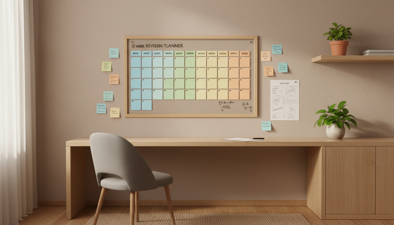 Photo Idea : A wall planner with a 12-week color-coded revision timeline, sticky notes and a printed mock test beside it
