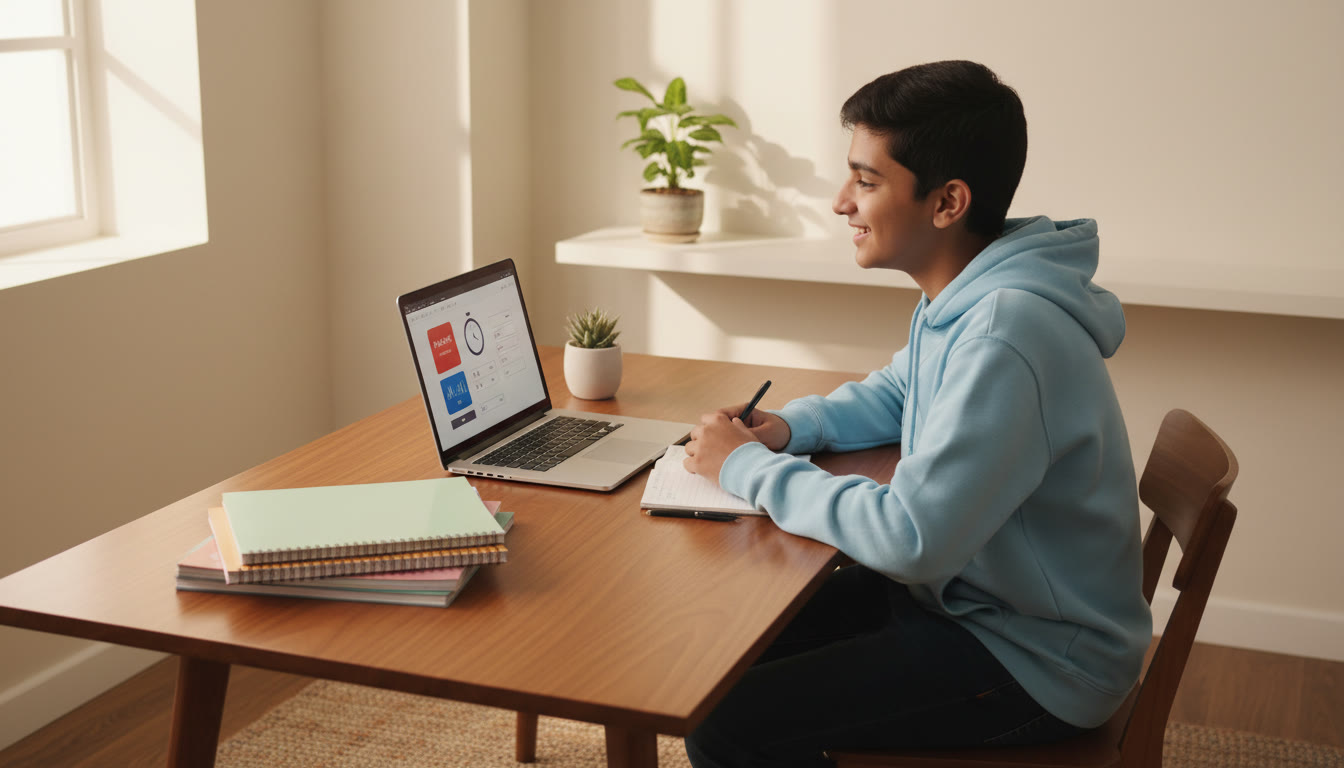Photo Idea : A student at a desk surrounded by neatly arranged notebooks, a laptop showing a timed mock test, and a small 