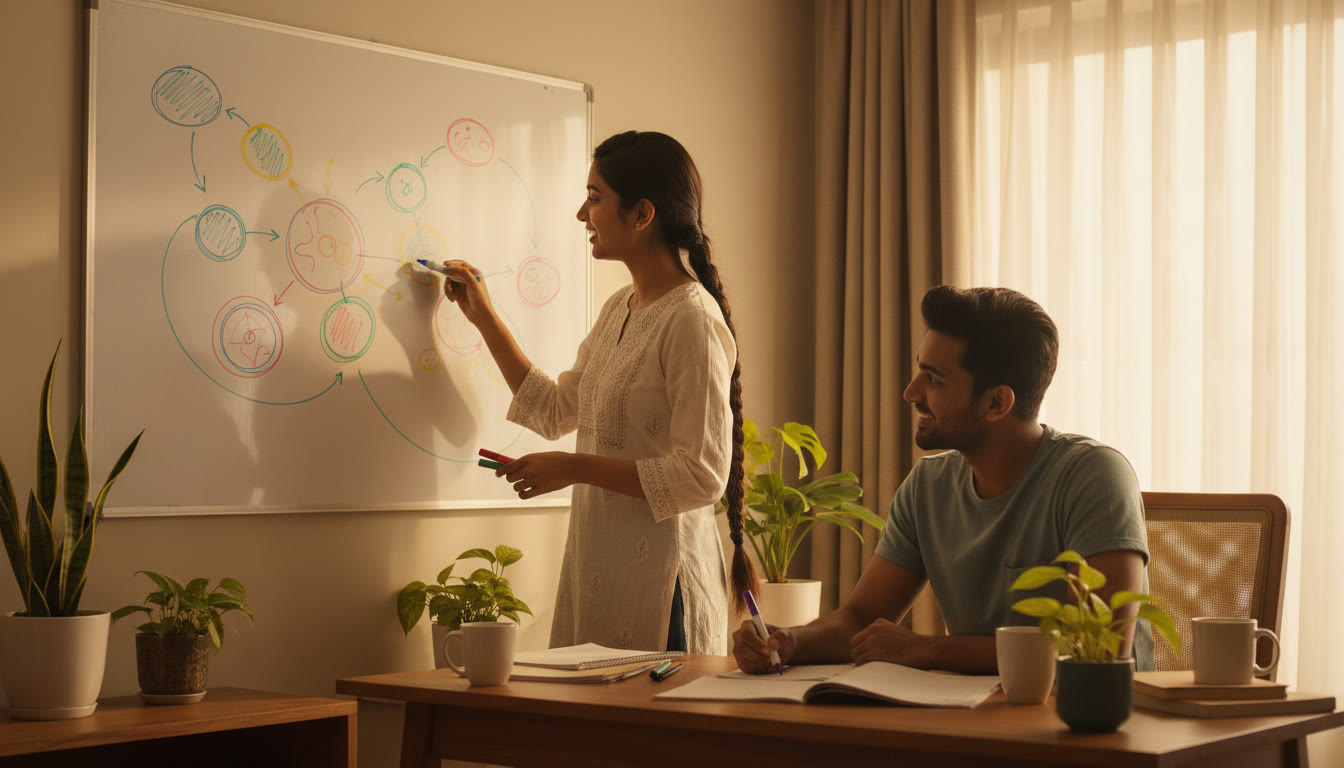 Photo Idea : Two students at a whiteboard, one explaining a diagram while the other takes notes with colored markers
