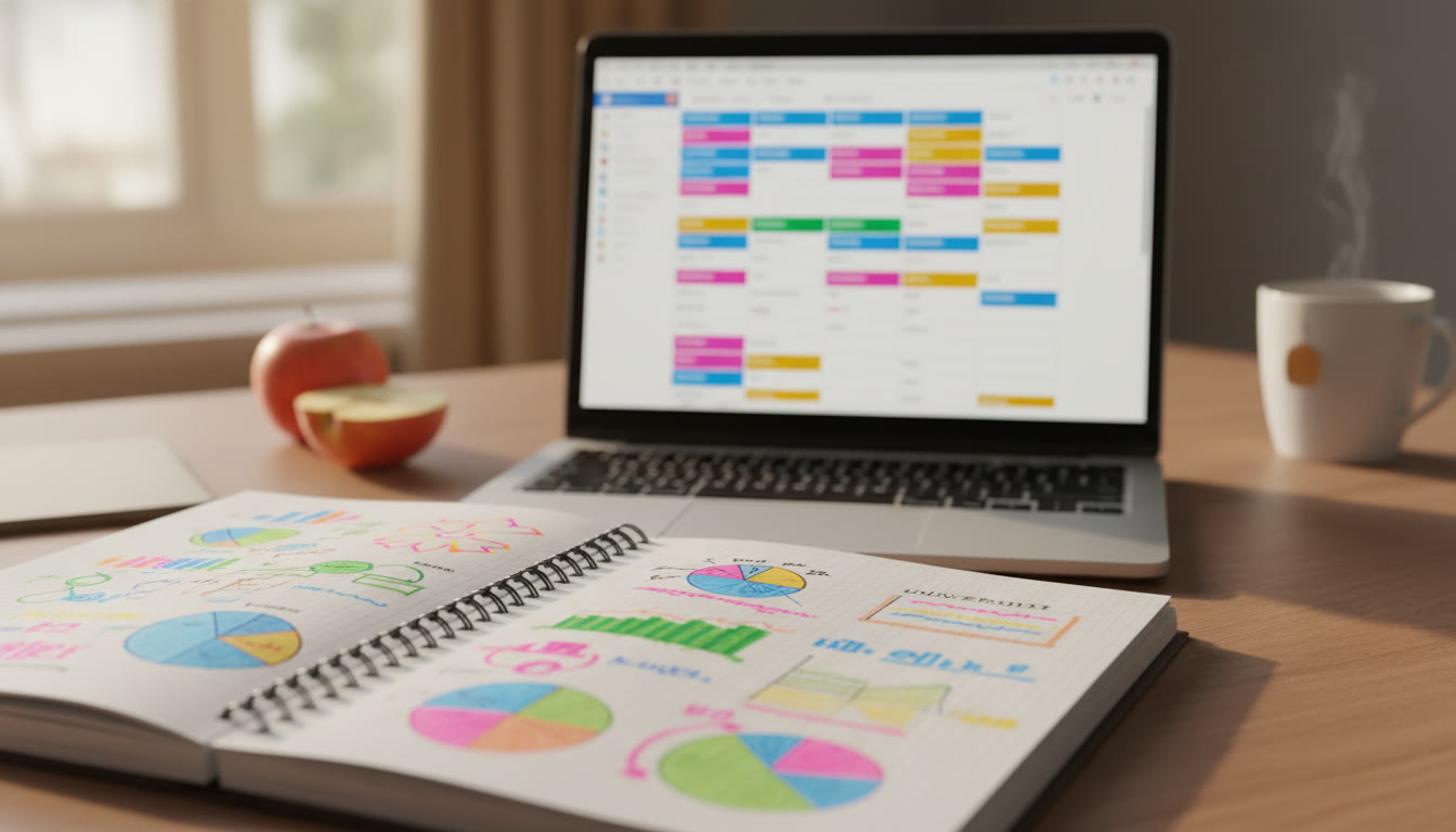 Photo Idea : Close-up of a student’s notebook with subject charts and highlighter notes next to a laptop screen showing a university course list