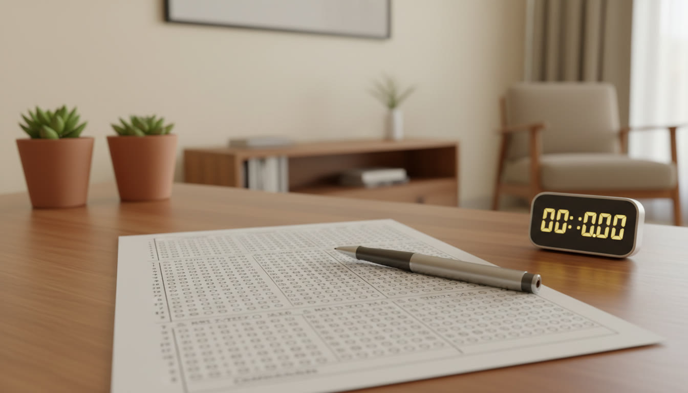 Photo Idea : close-up of a filled OMR sheet and a pen with a timer on the side
