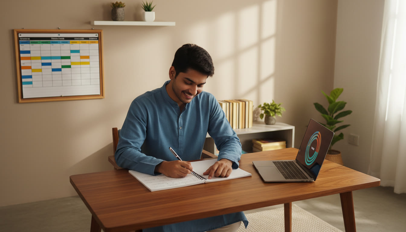 Photo Idea : A focused student at a desk with a color-coded timetable, open notebook, and a laptop showing a timer.