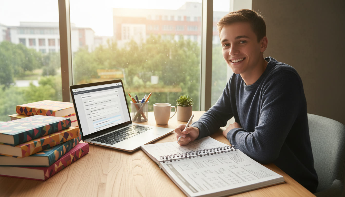 Photo Idea : A student at a desk surrounded by IB textbooks, a laptop showing a university application form, and a standardized test booklet