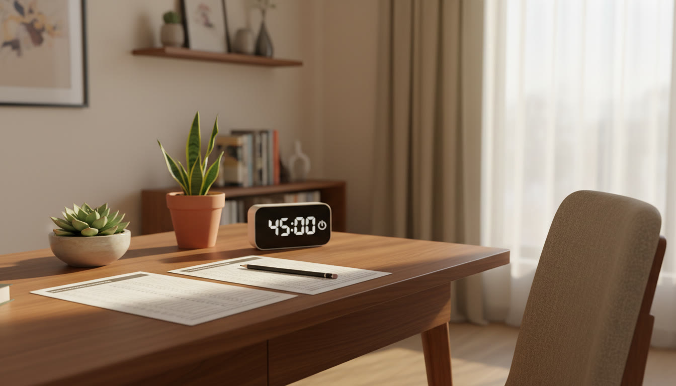 Photo Idea : A timer beside an open question paper and an OMR sheet with a pencil