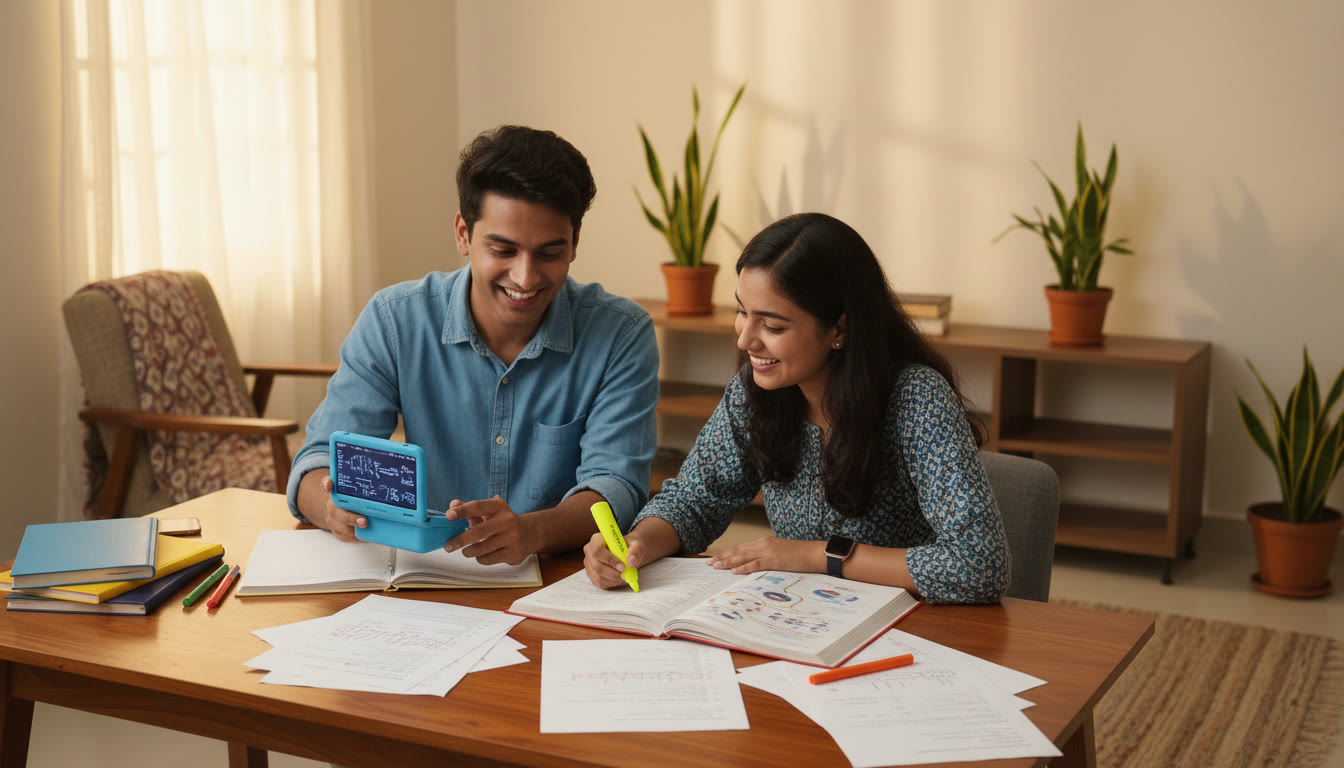 Photo Idea : Two students comparing notes, one holding a maths problem-solver and the other highlighting a science diagram
