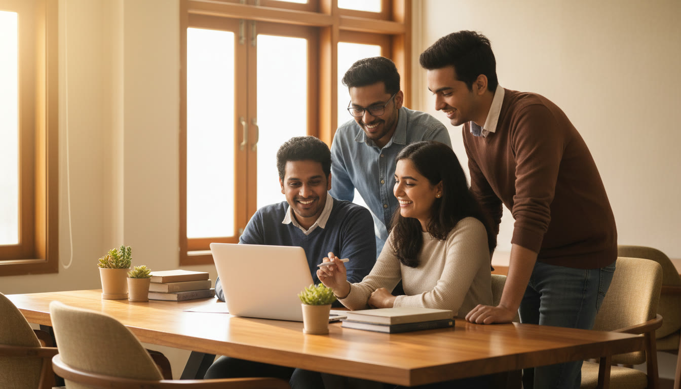 Photo Idea : A diverse group of students collaborating around a laptop in a bright campus incubator