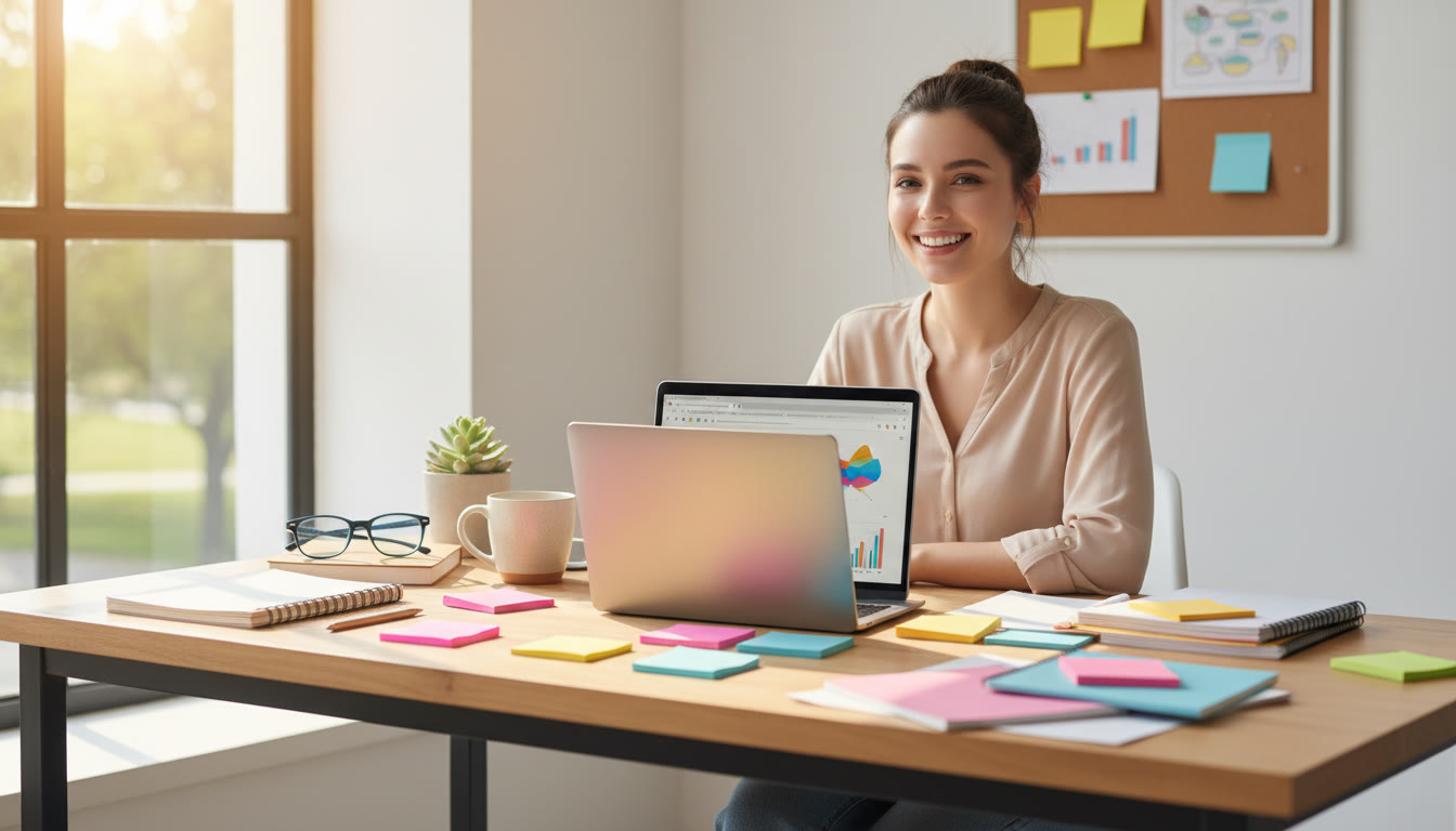 Photo Idea : Student at a tidy desk with color-coded notes, a laptop, and natural light through a window