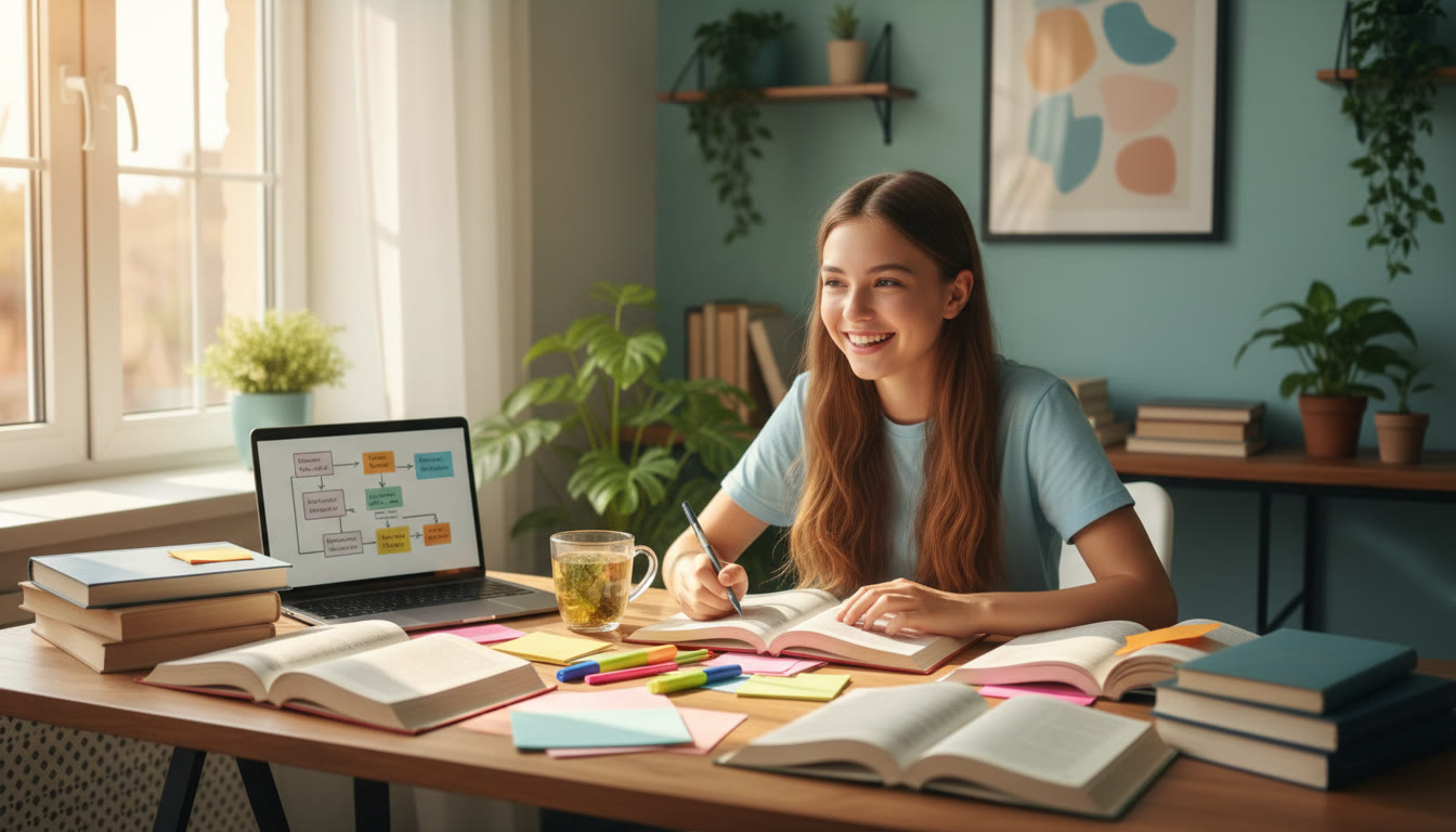 Photo Idea : A focused student at a desk with open textbooks, notes, and a laptop, mid-study in natural light