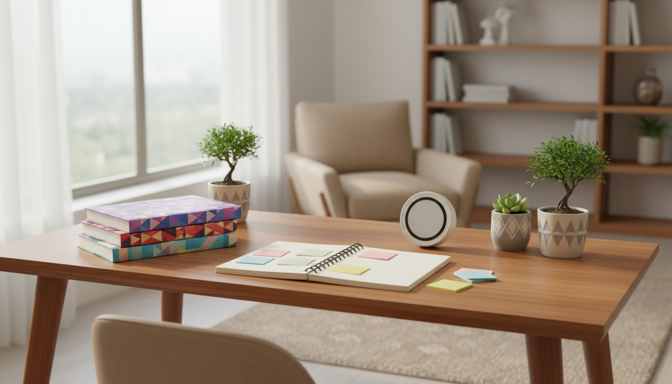 Photo Idea : A tidy study desk with ISC textbooks, sticky notes, a notebook, and a countdown timer