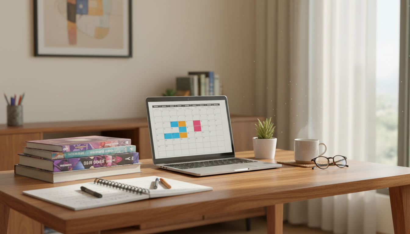 Photo Idea : A calm study desk with prescribed textbooks, handwritten notes, and a laptop showing a weekly timetable