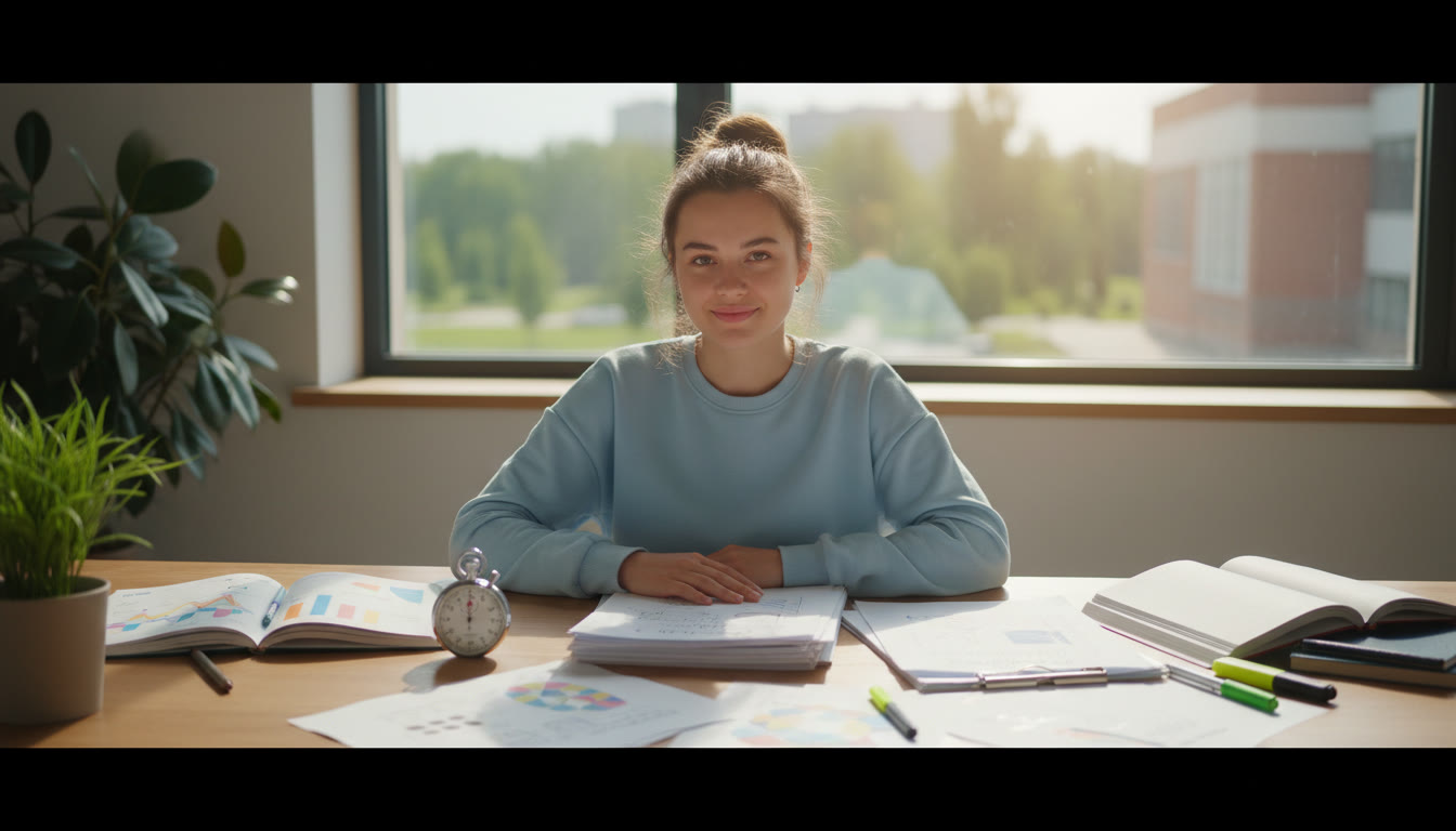Photo Idea : Student in a quiet study space doing a timed IB exam paper with a stopwatch and notes around