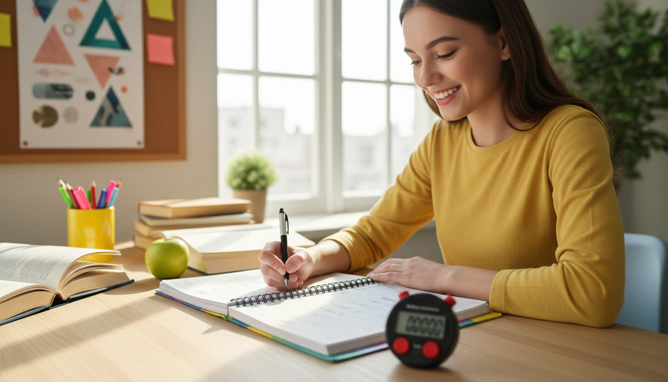 Photo Idea : Student with a planner crossing off study goals beside a sports stopwatch