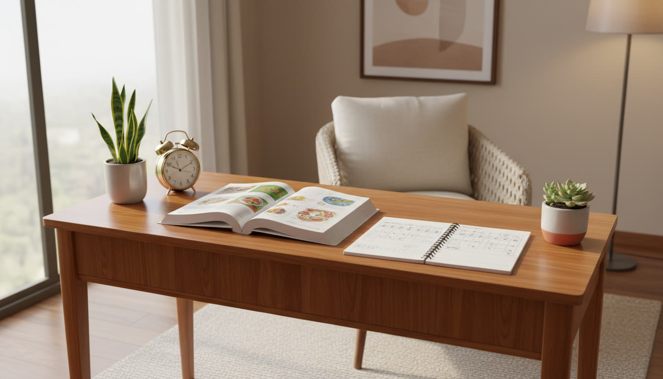 Photo Idea : A bright study desk with a handwritten weekly timetable, open biology textbook, and a small alarm clock