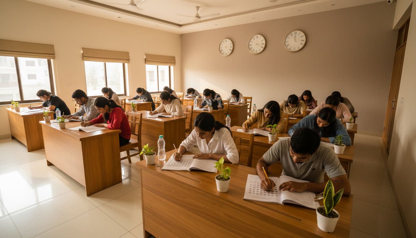 Photo Idea : Students practicing mock test in a quiet hall with clocks on the wall and focus on OMR sheets