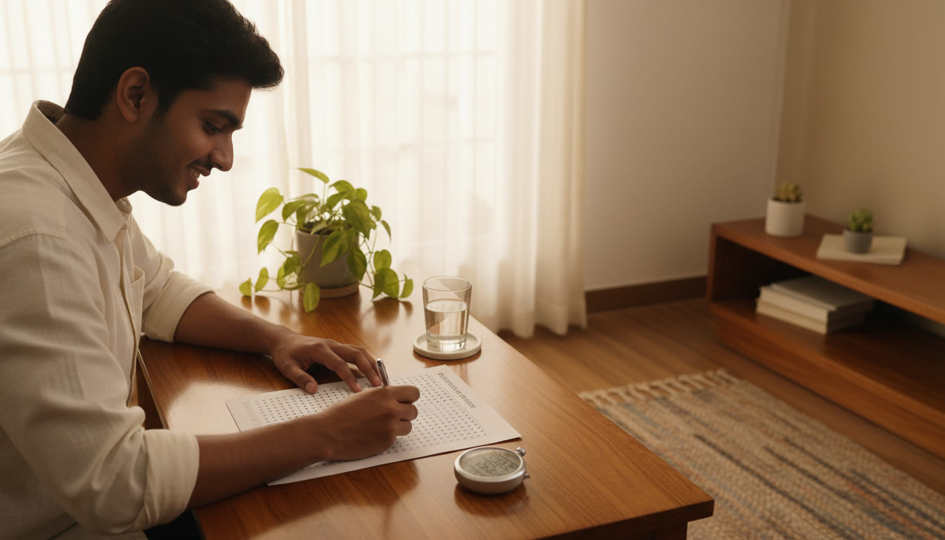 Photo Idea : Student filling an OMR sheet with a stopwatch on the desk and focused expression