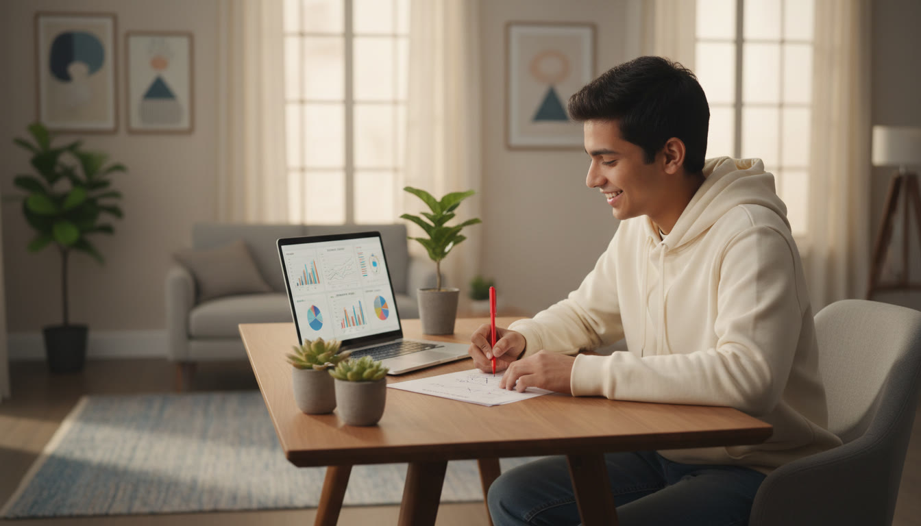 Photo Idea : A student analyzing a mock test paper with a red pen and a laptop showing a detailed error log